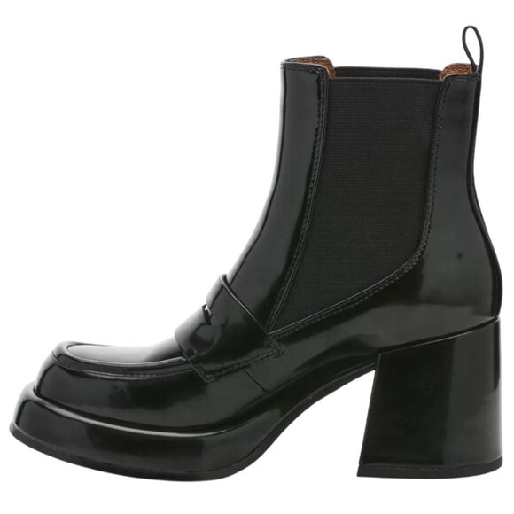 Madden Girl Black Patent Leather Boots Deardra Pull On Chunky Heel Chelsea 7 - Picture 2 of 5